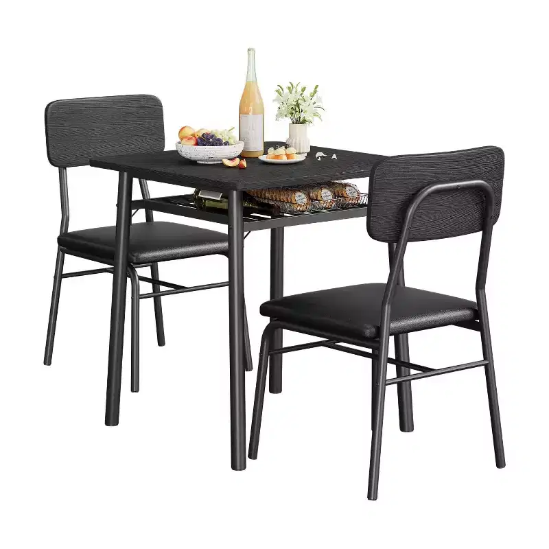 3-Piece Dining Table Set for 2, Wood Kitchen, Small Kitchen Table, Upholstered Chairs and Metal Frame, for Small Space, Apartment