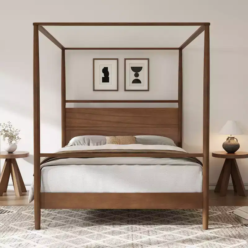 Full/Queen/King Size Platform Bed Frame Canopy Bed with Four Posters, No Box Spring Needed, Brown-ModernLuxe