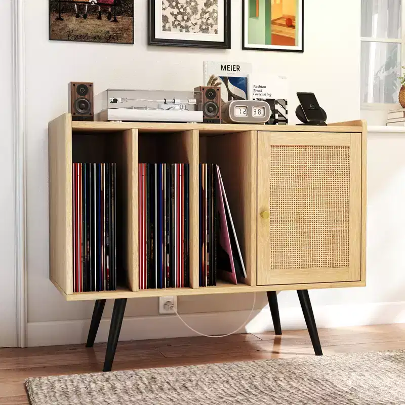 Record Player Stand w/ Charging Station & Rattan Cabinet Adjustable Shelf
