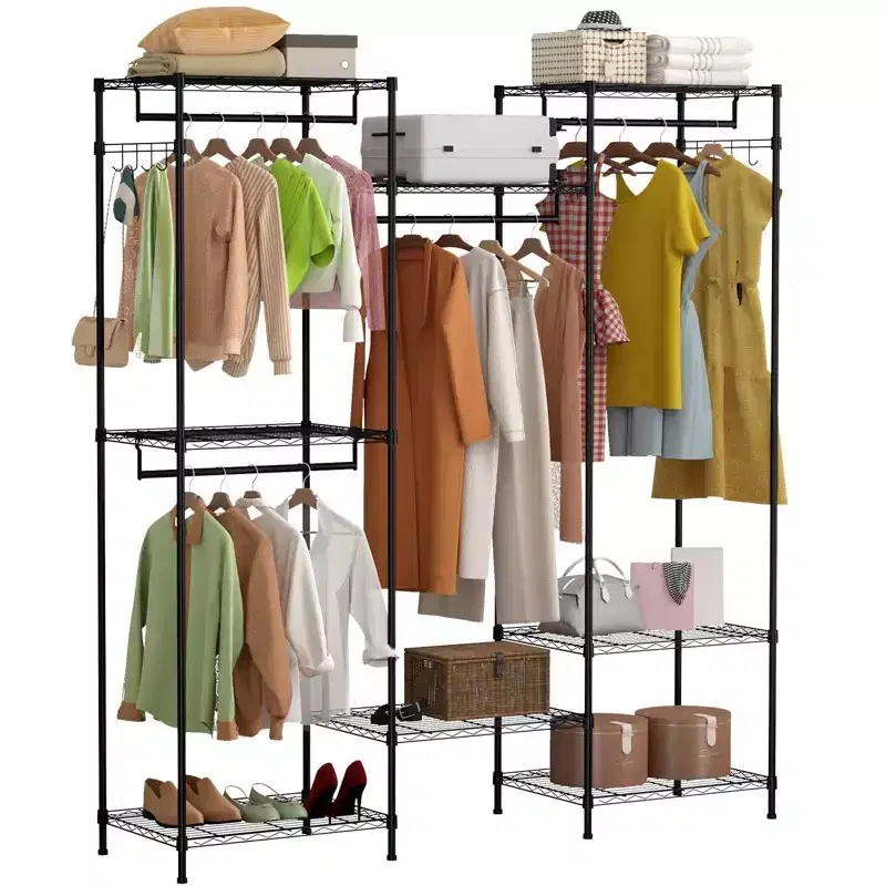 Heavy Duty Garment Rack, Clothes Rack with Adjustable Shelves, Hanging Rails & Hooks, Freestanding Portable Wardrobe Closet for Bedroom, Entrance