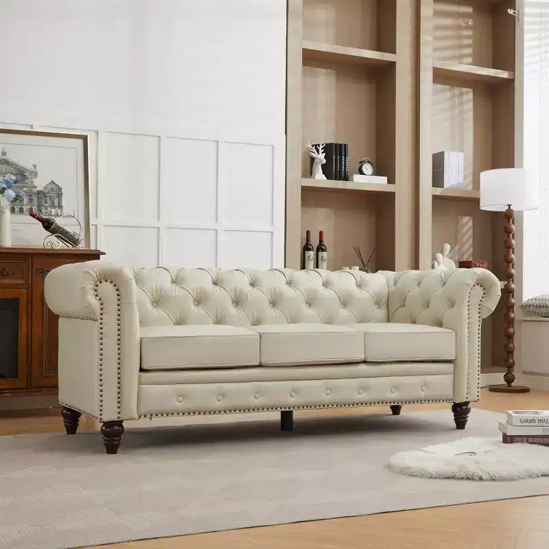 HYLEORY 84 Leather Chesterfield Sofas for Living Room, Rolled Arm 3-Seater Large Couch Deep Button Nailhead Tufted Couches for Office Apartment