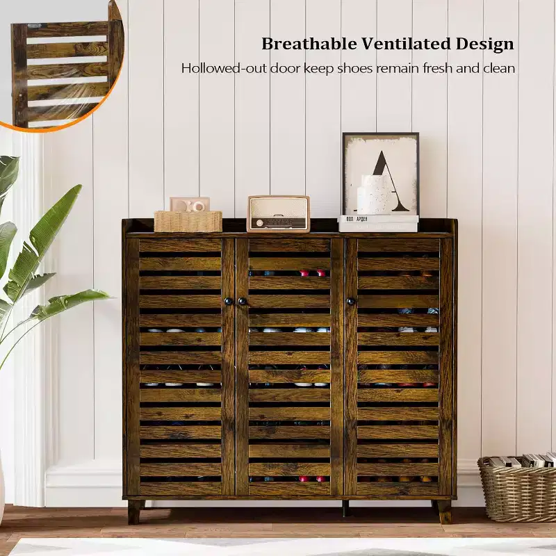 Large Tall Shoe Cabinet with 3 Doors 6-Tier Ultra Wide Shoe Cabinet Storage for Entryway 30 Pairs Shoes Organizer Rustic Brown