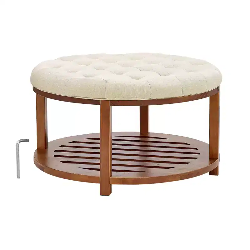 VEVOR Large Round Ottoman Coffee Table, 31.9 Inch Tufted Coffee Table with Solid Wood Shelf Storage, Linen Solid Upholstered, 350 LBS, Beige