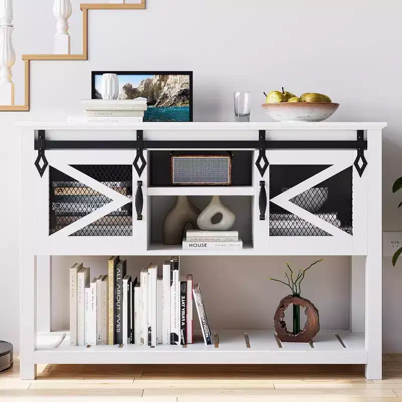 Farmhouse Entryway Table with Sliding Barn Doors,Rustic Console Table with Storage,Open Shelf & Metal Mesh Accents,Industrial Sofa Table for Hallway