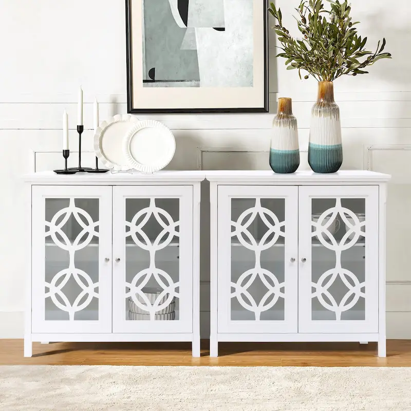 White Pine Wood 35.8 Wide Sideboard Cabinet with Glass Doors