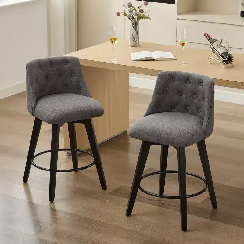 Swivel Bar Stool, Linen Upholstered Counter Stool with Button Tufted Back, Dining Chair Pub Stool, White/Dark Gray (2-Pack)