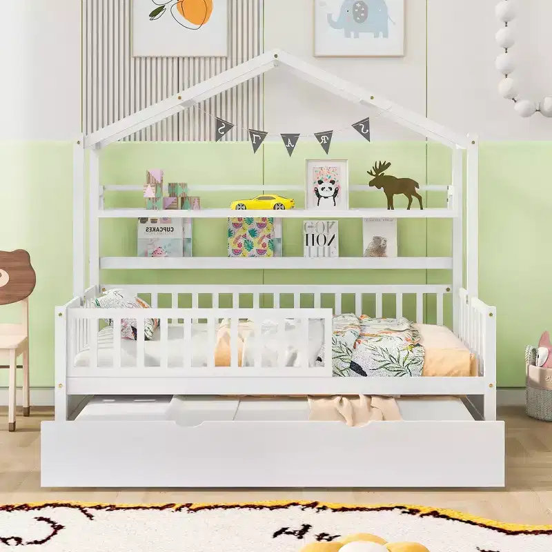 Twin size Wooden House Bed Frame, Kids Bed with Trundle, Shelf, Safe Guardrails