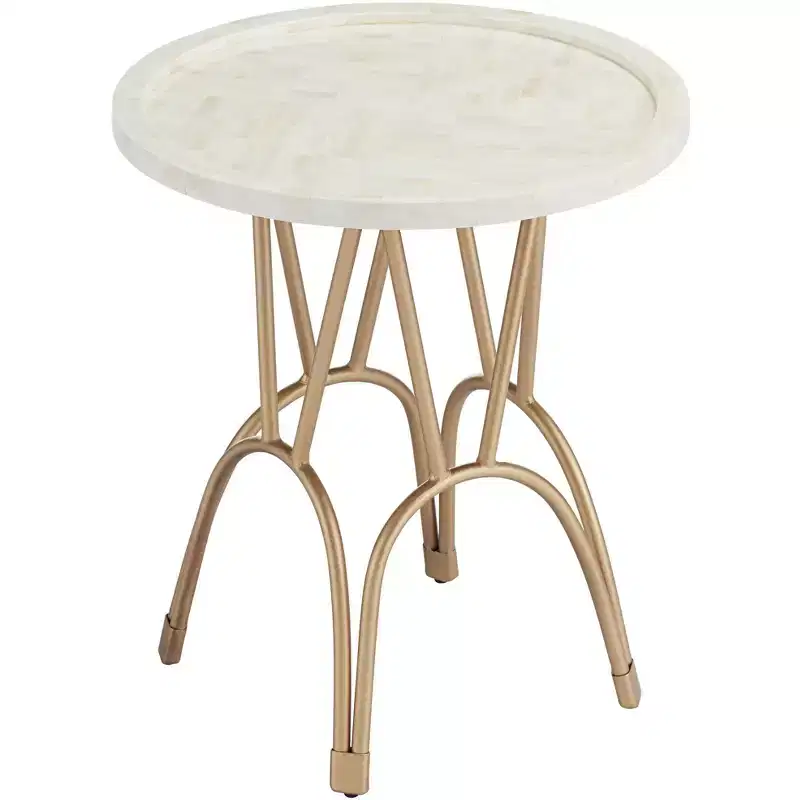 Modern Metal Round Accent Table 20 Wide Gold Mosaic Bone Tile Tabletop for Living Room Bedroom Bedside Entryway