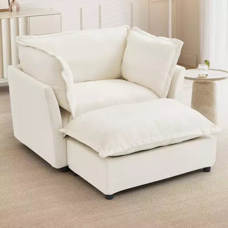 Whisen Chenille Armchair Sofa with Movable Ottoman, Wide Seat, Curved Armrests and Soft Pillows