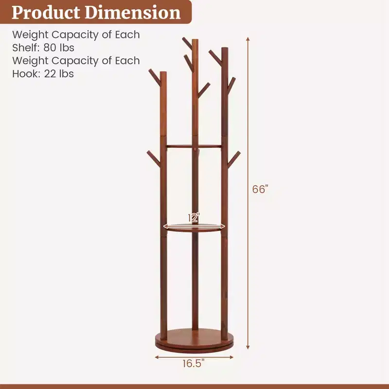 Freestanding 360° Rotary Wooden Coat Rack with 3 Shelves & 9 Hooks
