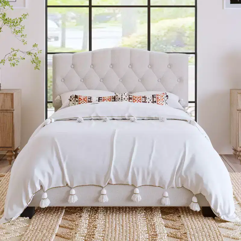 Upholstered Platform Bed with Adjustable Saddle-Curved Headboard