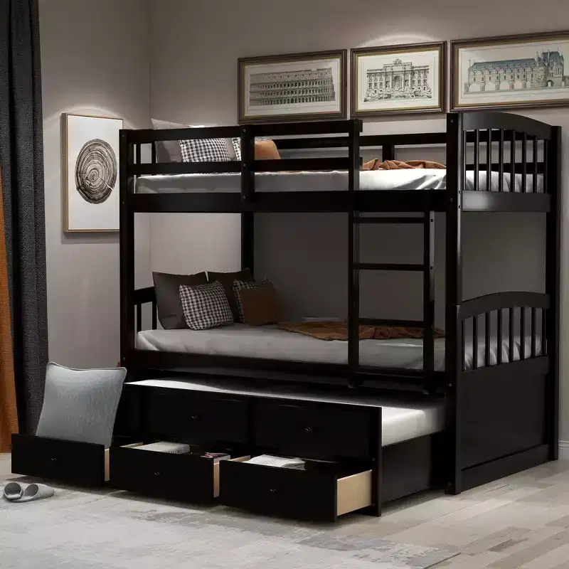 Twin over Twin Bunk Bed with Trundle, Wooden Bunk Bed with 3 Storage Drawers and Safety Rail, Can be Convertible to 2 Beds