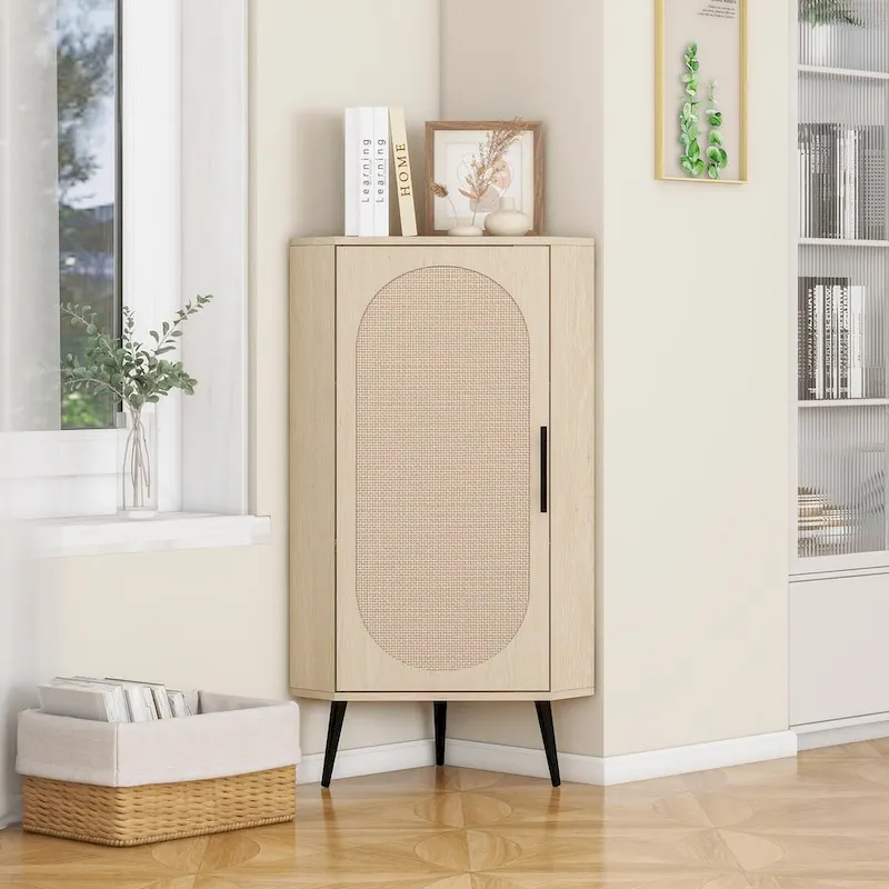 Rattan Door Freestanding Corner Cabinet