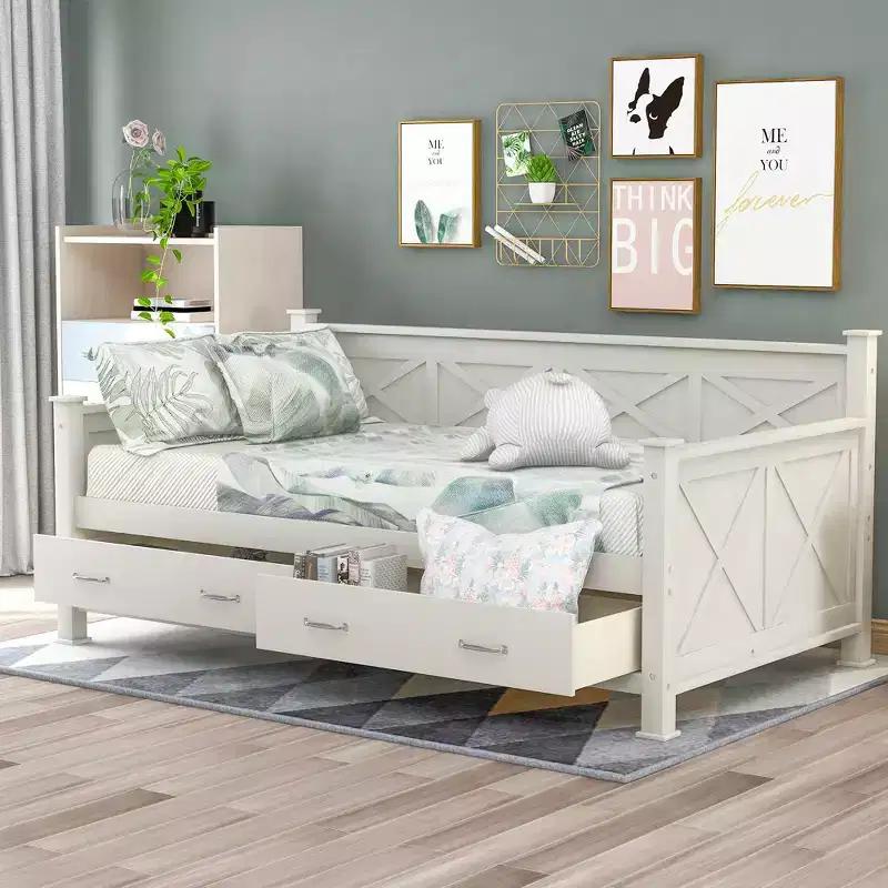 Modern Rustic Twin Size Wood Daybed with 2 Storage Drawers – 220 lbs Capacity