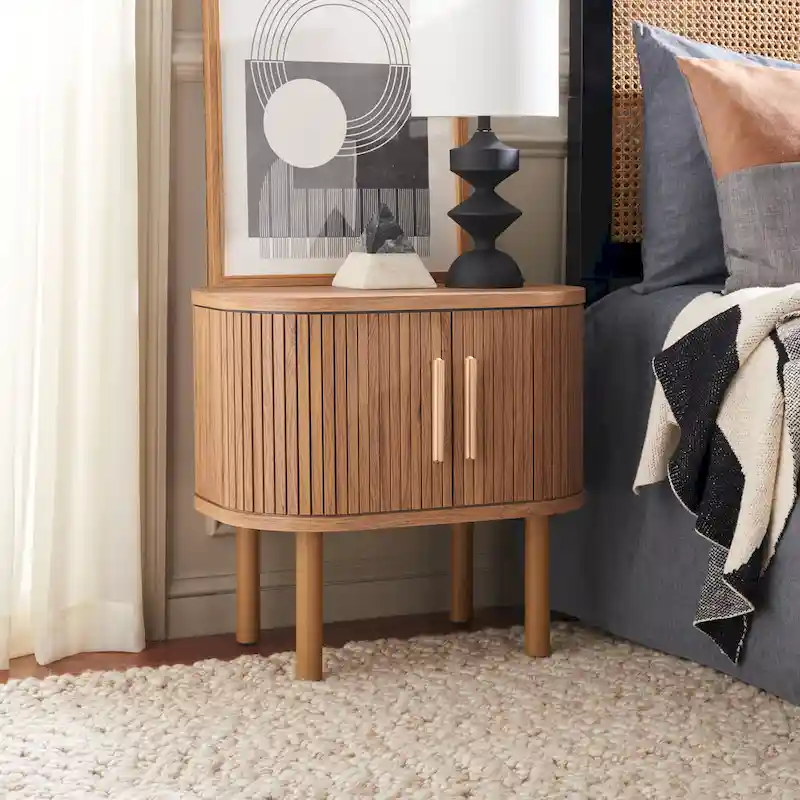 Tambour Door Nightstand – Gold Pulls, Wooden Post Legs, Roomy Cabinet Bedroom Storage