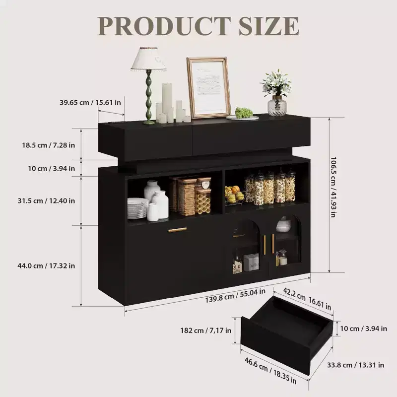 COZONY 55 Coffee Bar Cabinet with 3 Drawers & Charging Station, Kitchen Sideboard Buffet with Adjustable Shelf