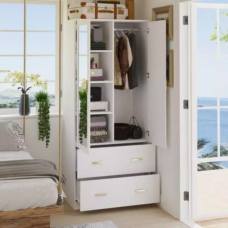 Wardrobe Clothes Organiser Multi Storage with Mirror and Hanging Rods