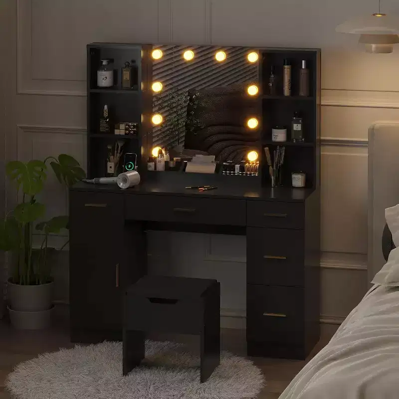 Vanity Desk with LED Mirror, 5 Sliding Drawers & 6 Open Shelves, 3 Color Lighting Modes with Adjustable Brightness, Dressing Table for Bedroom
