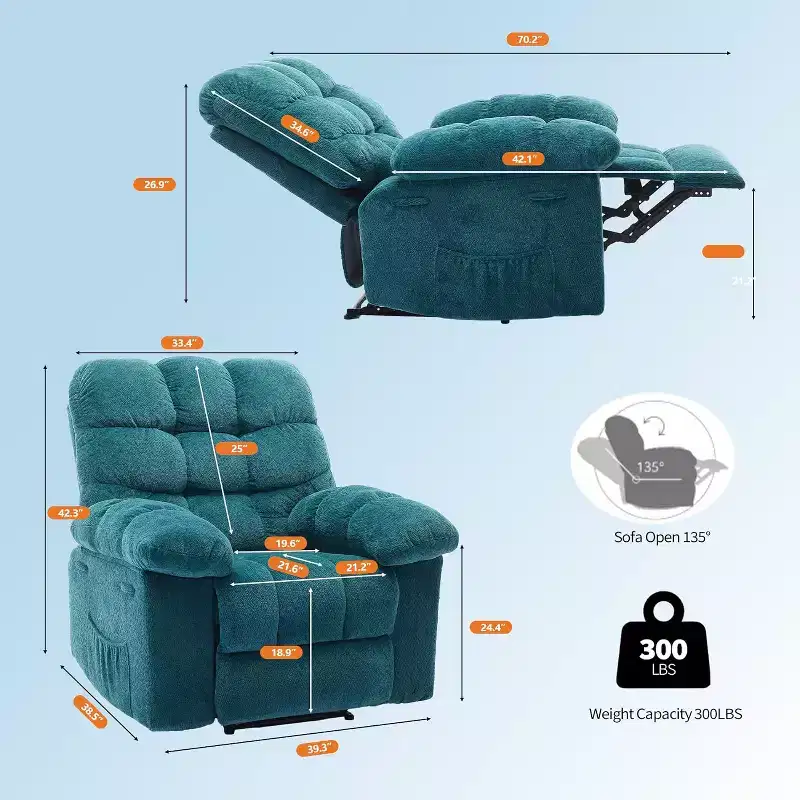 Manual recliner, ergonomic breathable fabric recliner with side pockets, single sofa, suitable for living room bedroom