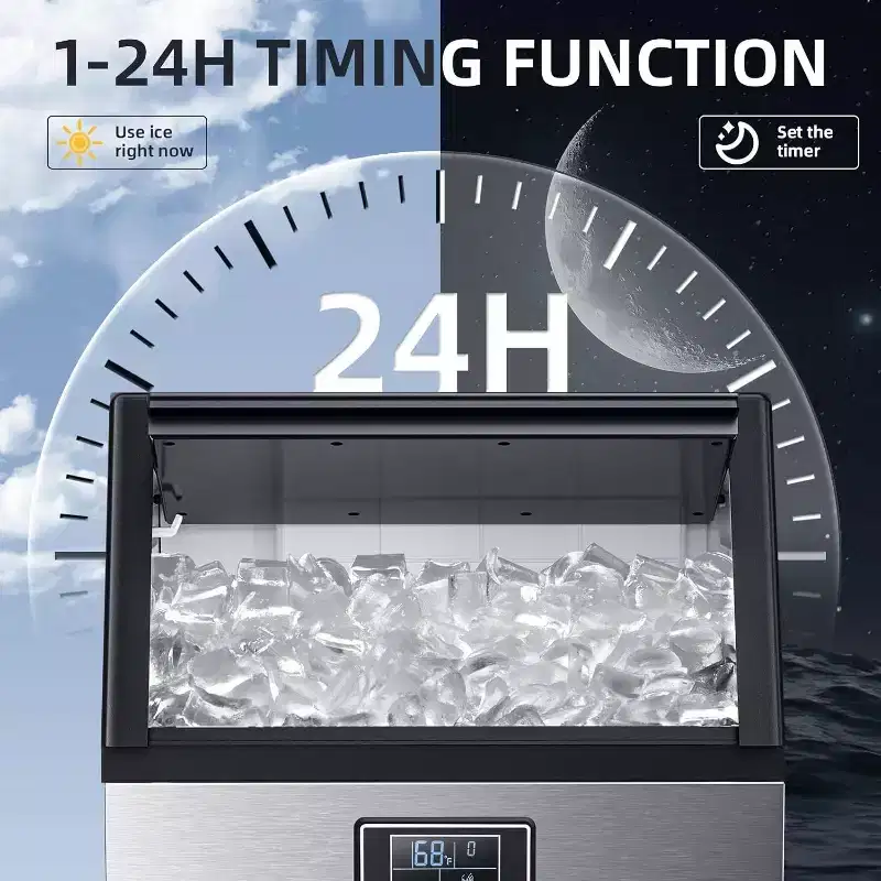 Commercial Ice Maker, 100Lbs/24H, 30Lbs Storage Bin, Stainless Steel, Freestanding, Crescent Cubes, Energy Efficient, Automatic Cleaning
