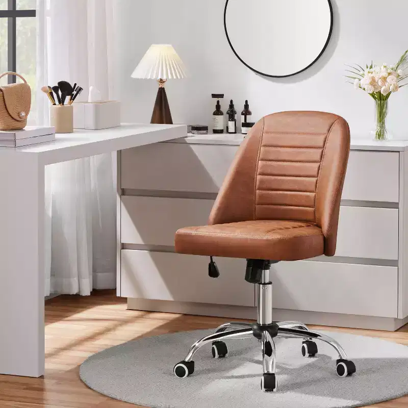 Faux Leather Mid Back Home Office Desk Chair with Chrome-plated Metal Base