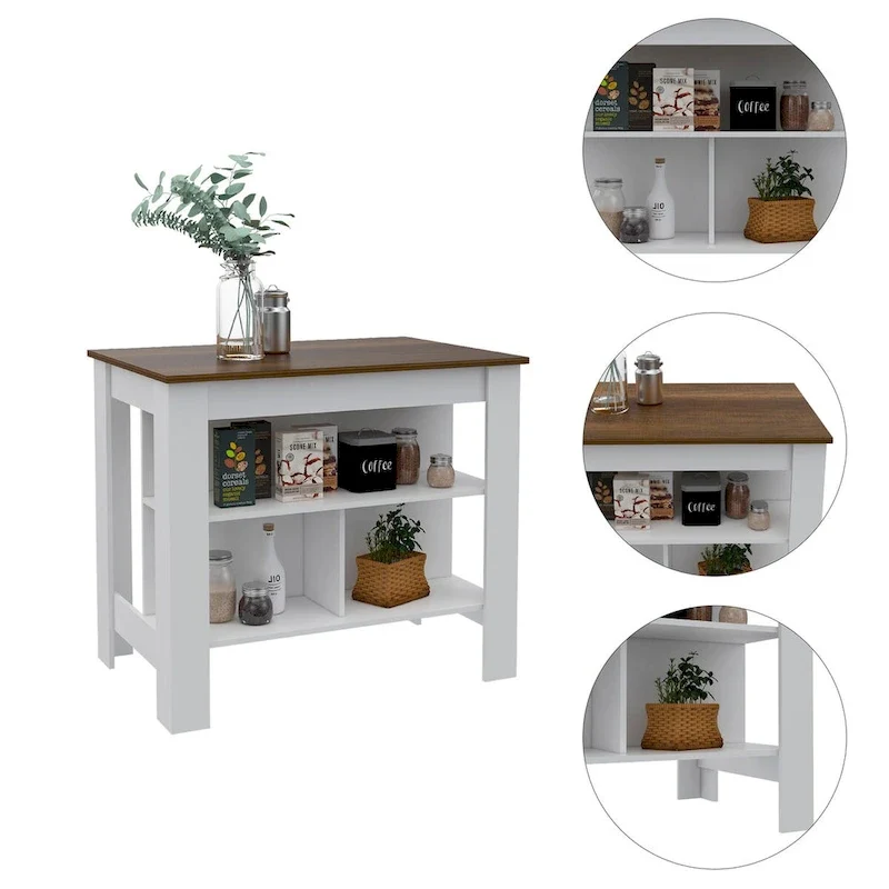 3-Shelf Kitchen Island White and Walnut