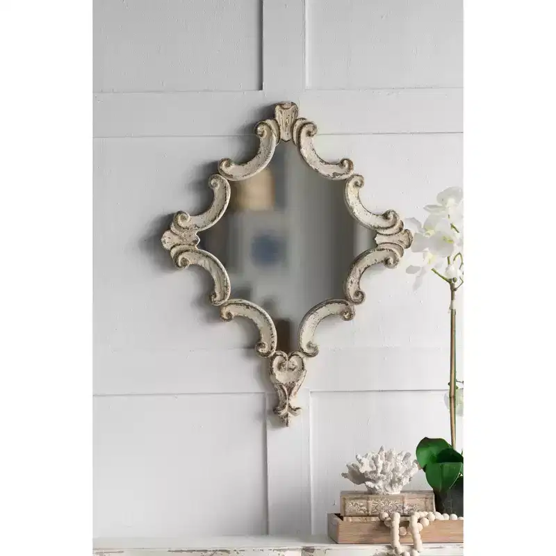 30 x 23.5 Inch Decorative White Wall Mirror with Scrollwork Design