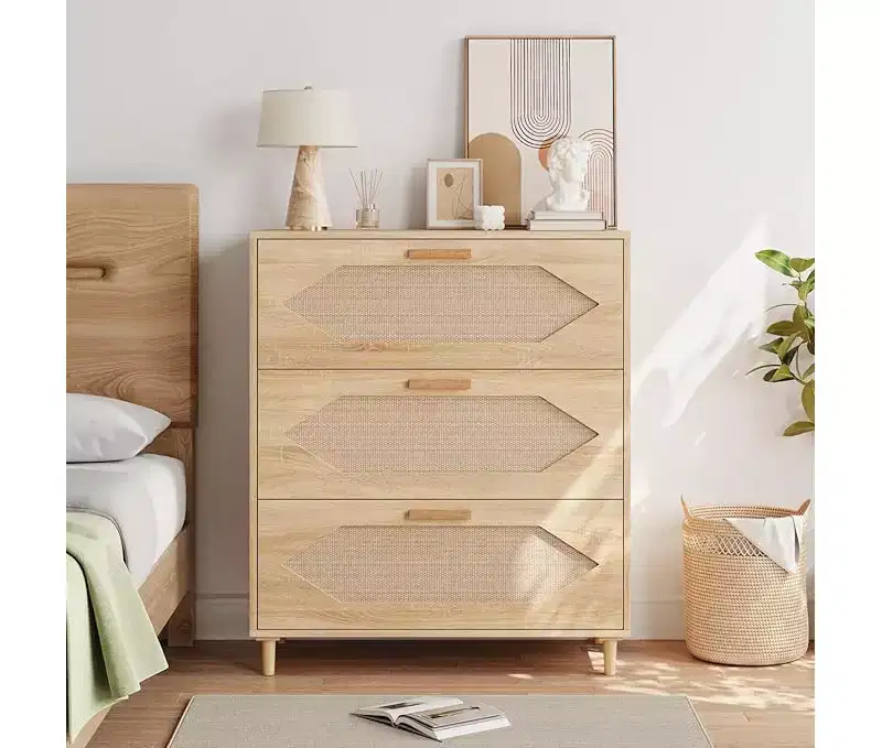 3 Drawer Rattan Dresser for Bedroom,Wood Chest of Drawers, Wooden Storage Cabinets for Bedrooms, Hallways, Living Rooms, and Entryways