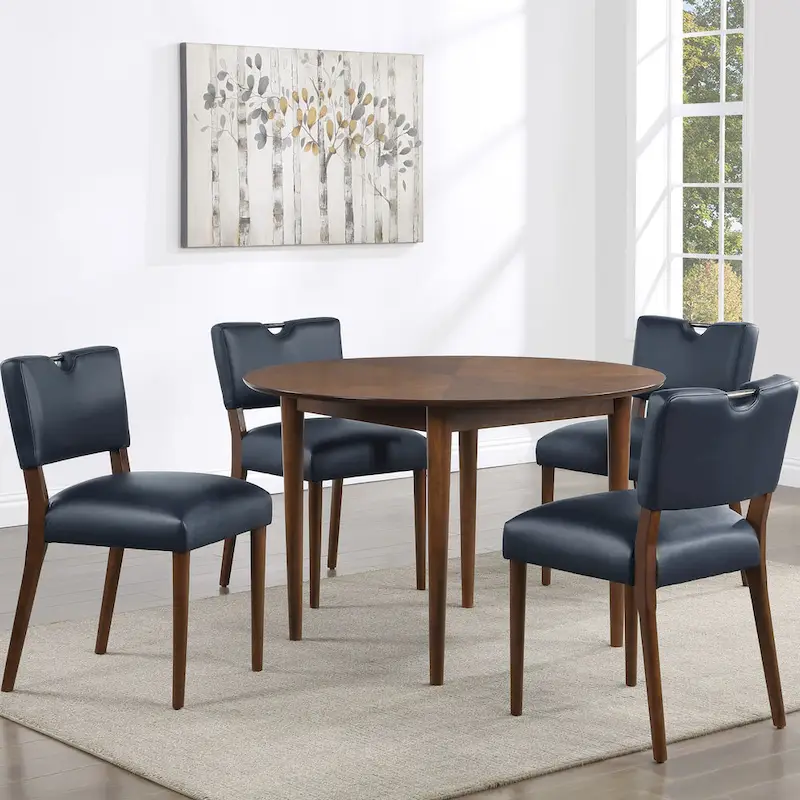 Velvet & Faux Leather 5-Piece Round Dining Set, Seats 4 – Walnut Finish
