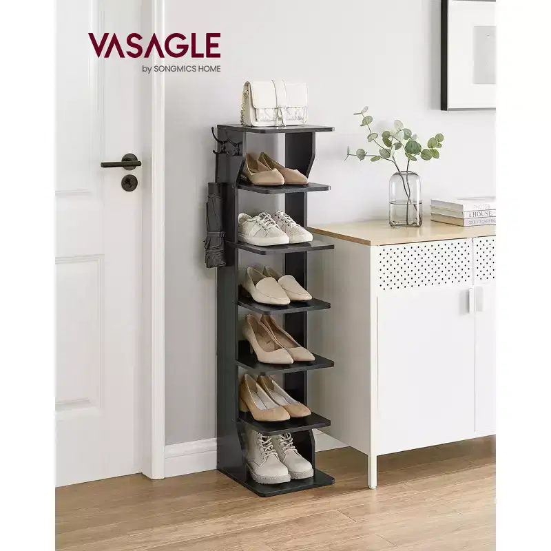 7-Tier Vertical Shoe Rack, 43.5 Tall Narrow Shoe Organizer with 2 Hooks & Anti-Tip Kit, Space-Saving Corner Shelf for Entryway Bedroom