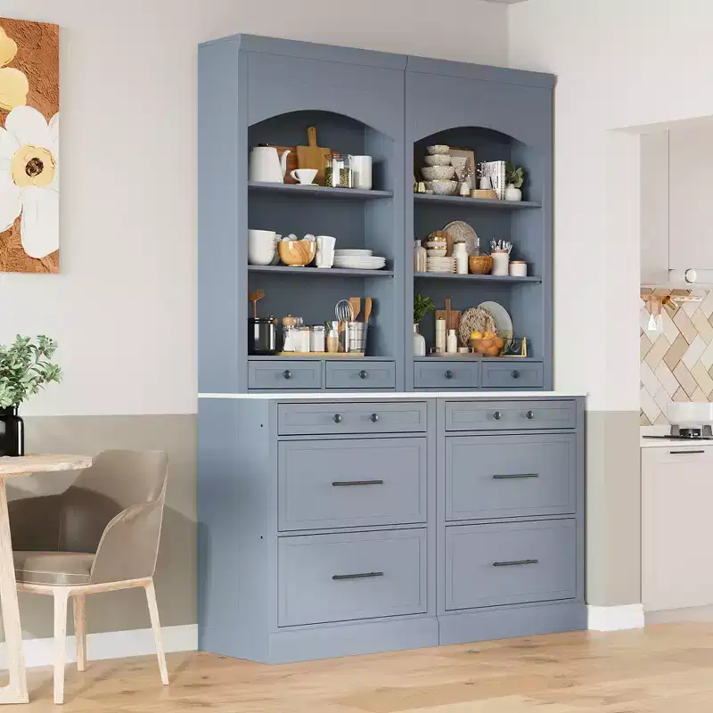 83.7H Kitchen Pantry, Freestanding Kitchen Hutch with Faux Marble Top, Cupboard Cabinet with 5 Drawers and Adjustable Shelf