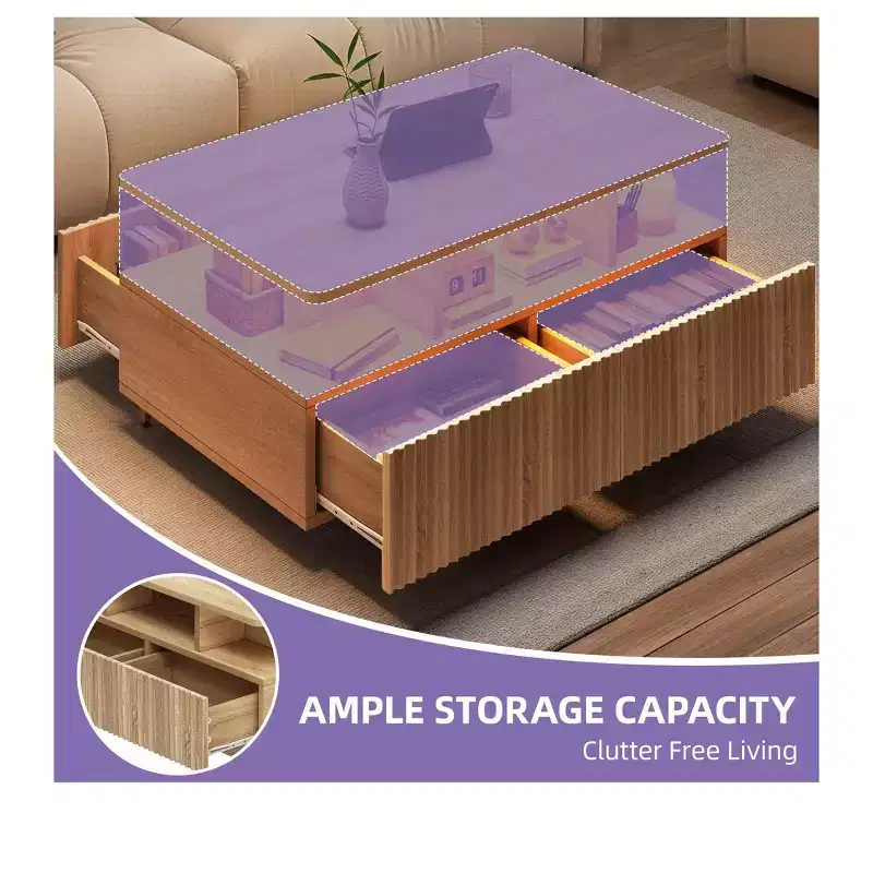 Farmhouse LED Coffee Table with 4 Drawers & Open Compartment, Modern Rectangle Design, Wood Coffee Table