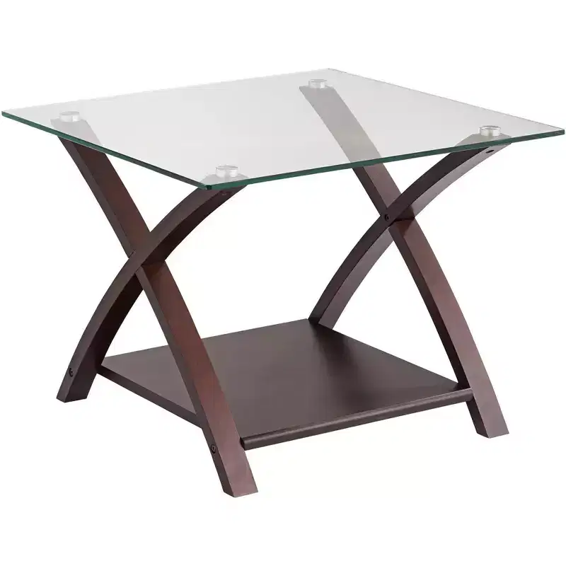 Modern Espresso Wood Square Accent Side End Table 23 3/4 Wide with Shelf, Brown Clear Glass Tabletop for Living Room Bedroom Entryway
