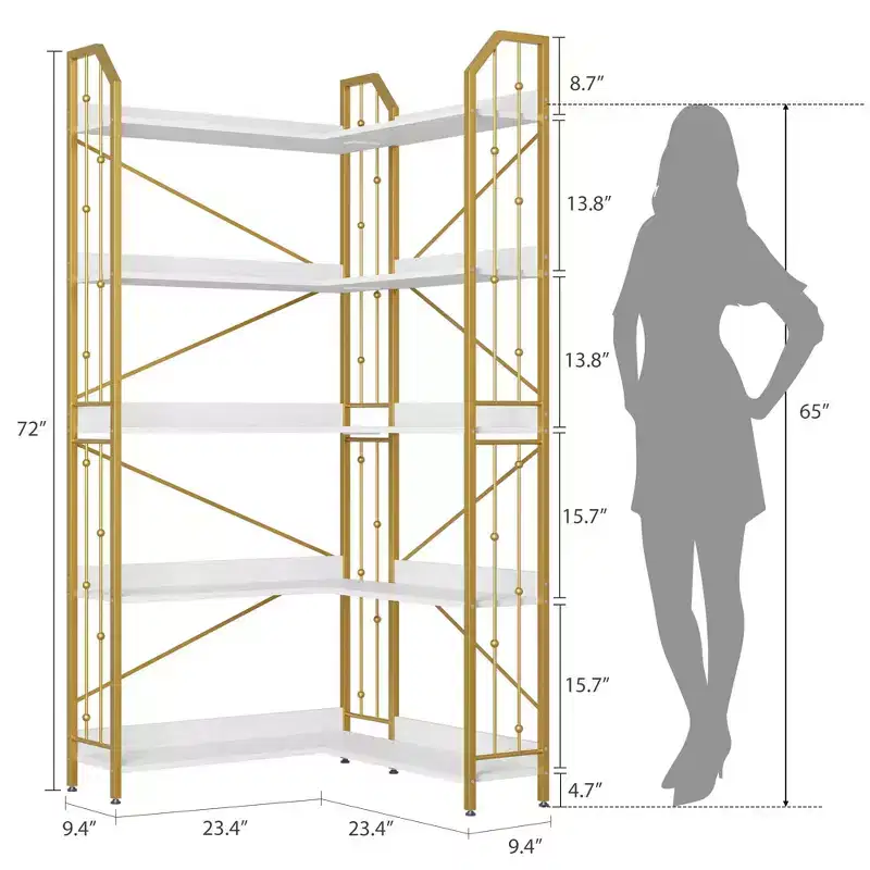 Acekool 72 Inch Light Green Five Tier Corner Bookshelf for Living Room and Bedroom Storage