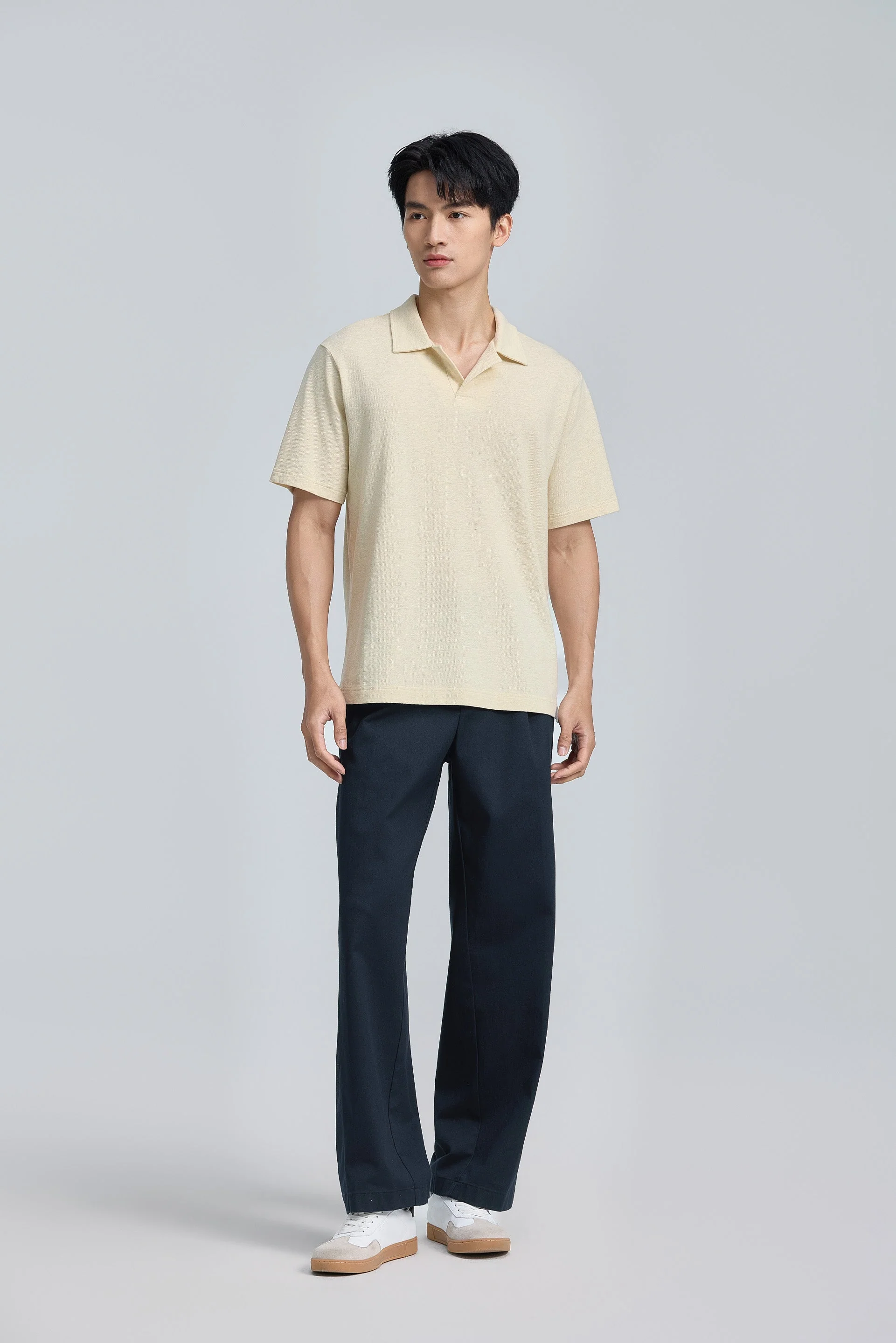 Cotton-Hemp Camp Collar Polo – Heather Light Khaki