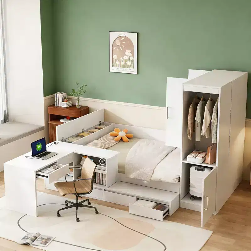 Full Size Storage Bed with Built-in Desk, Wardrobe & 6 Drawers, White, Space-Saving