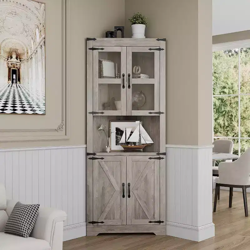 6-Tier Corner Storage Cabinet, 70 Inch, Farmhouse Style, Glass Doors, Grey Wood