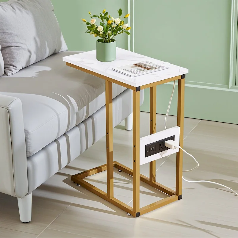 C Shaped Side Table, Small End Table with USB Ports and Outlets for Small Spaces