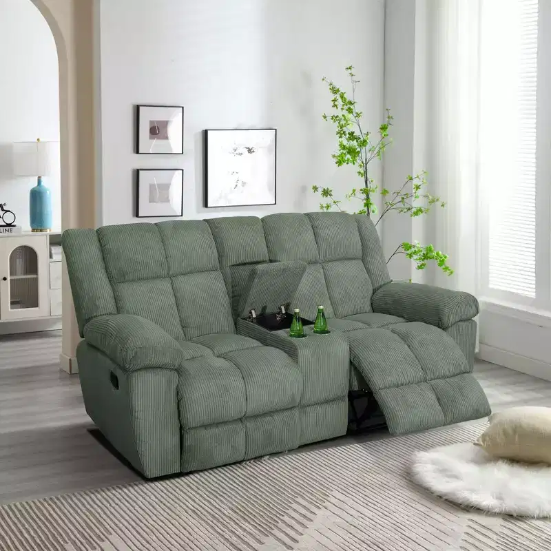 Reclining Loveseat, 2-Seat Corduroy Fabric Recliner with Storage & Cup Holders for Living Room, Green