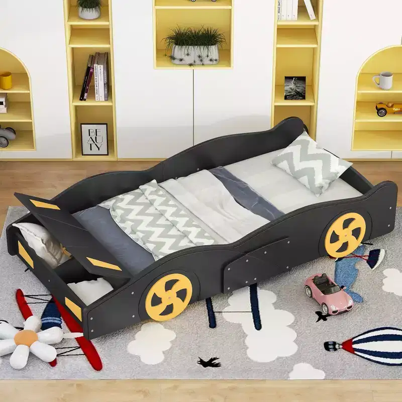 Race Car Bed Platform Bed for Kids, Wood Car-Shaped Kids Bed Frame with Storage and Wheels for Boys Girls