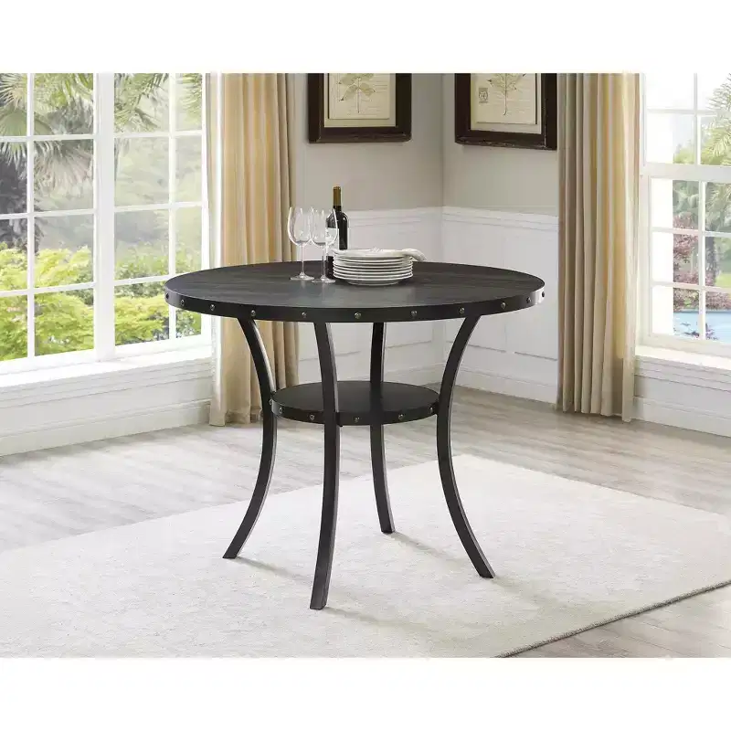 Roundhill Furniture Biony Espresso Wood Counter Height Dining Set with Blue Fabric Nailhead Stools