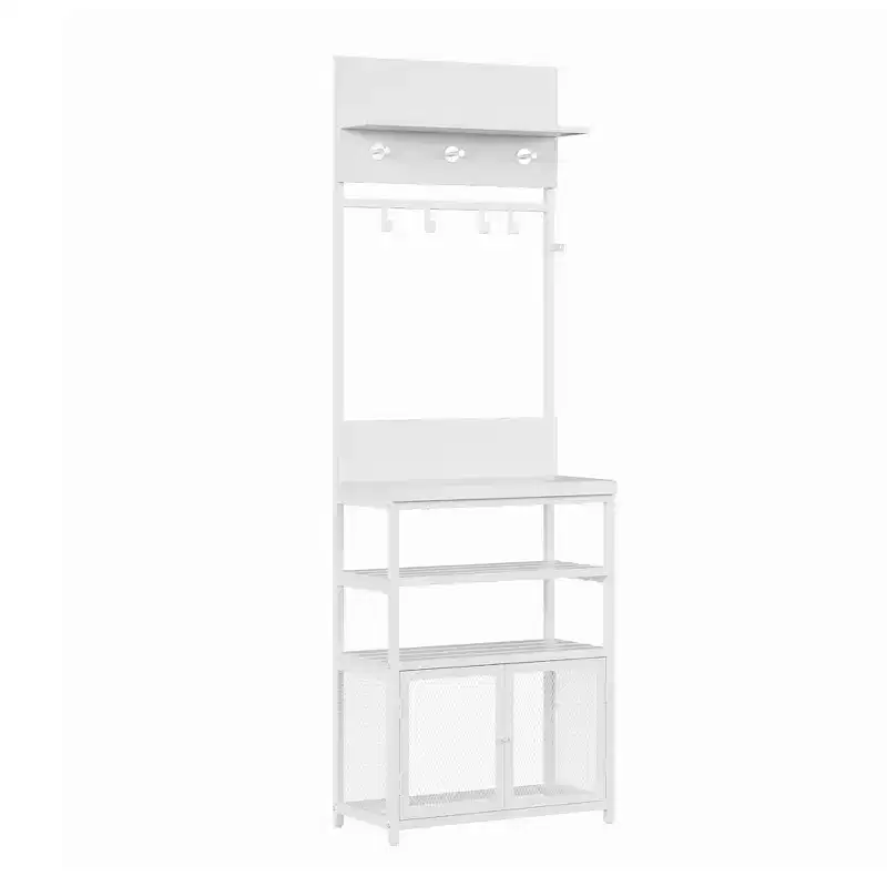 Modern Aluminum Entryway Set, 73-Inch Hall Tree with Mirror & Bench, Shoe Storage Shelves, Black/Brown Combo for Living Spaces