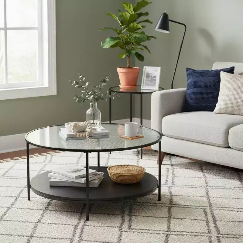 GDFStudio Carson Modern 2-Piece Metal Round Coffee Table and End Table Set with Glass Top