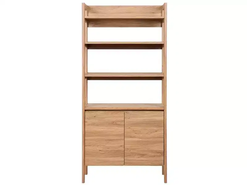4-Shelf 2-Door Bookcase, Oak Finish, Freestanding Storage Cabinet for Living Room or Office