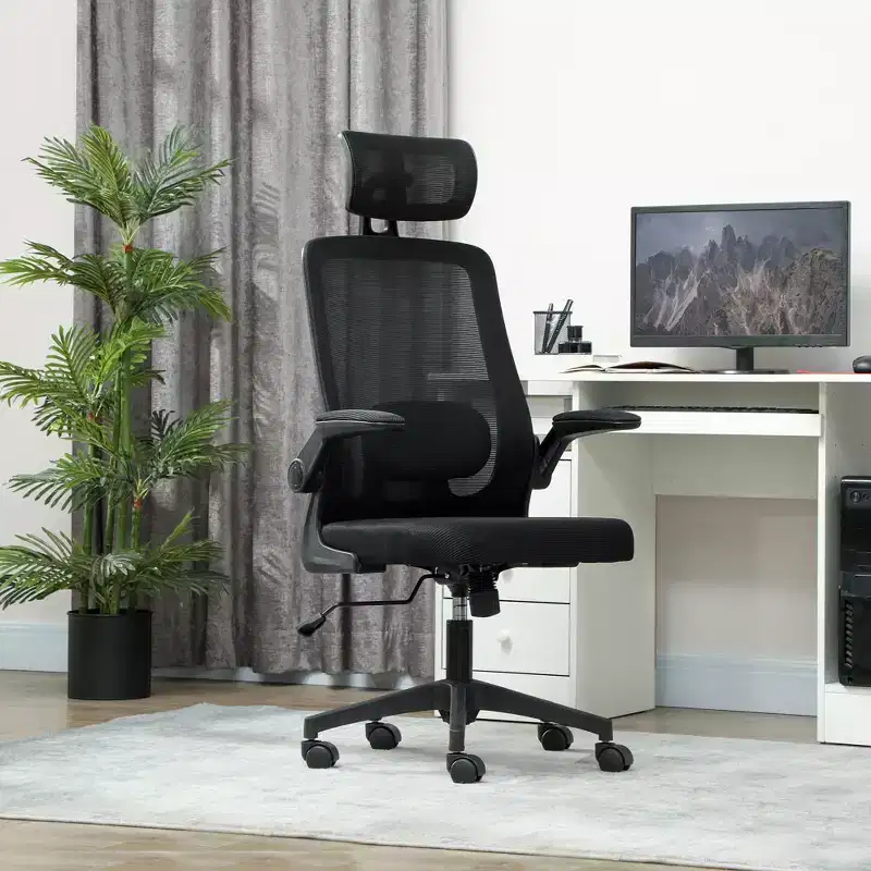HOMCOM Ergonomic Office Chair with Flip-up Armrest, Adjustable Headrest and Lumbar Support, Mesh Desk Chair for Home Office