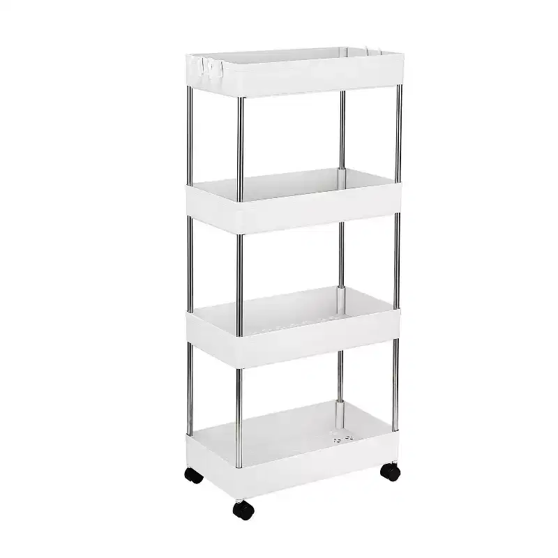4-Layer Mobile Storage Cart – Plastic, 4 Wheels, 4 Hooks, Multi-Room Use