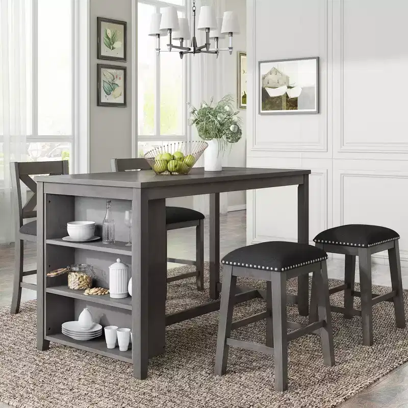 Counter Height Dining Table Set for 4, Wood Bar Table with Storage shelf and 2 stools & 2 Chairs for Small Places