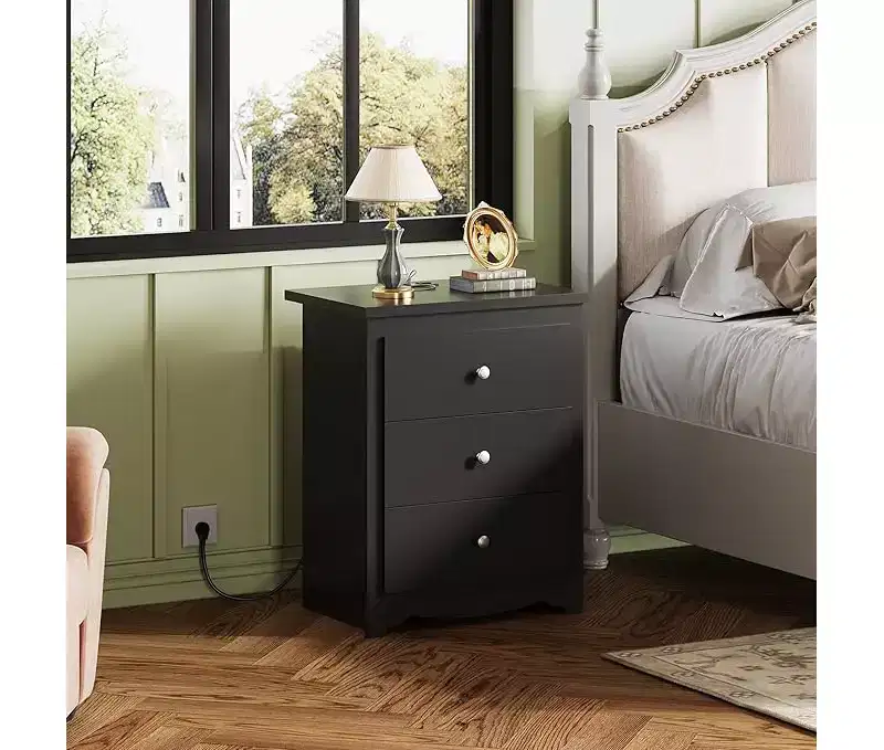 GALAXHERO Tall Nightstand with Charging Station, Wood Nightstand with 3 Drawers, End Table for Bedroom and Dorm, with 2 USB Ports and 2 AC Outlets