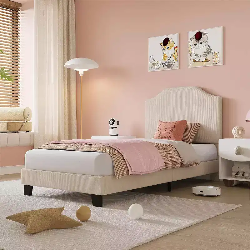 Twin Size Platform Bed Frame with Velvet Upholstered Headboard, Wooden Slats & Metal Support, Low Profile, Noise-Free,Pink/White