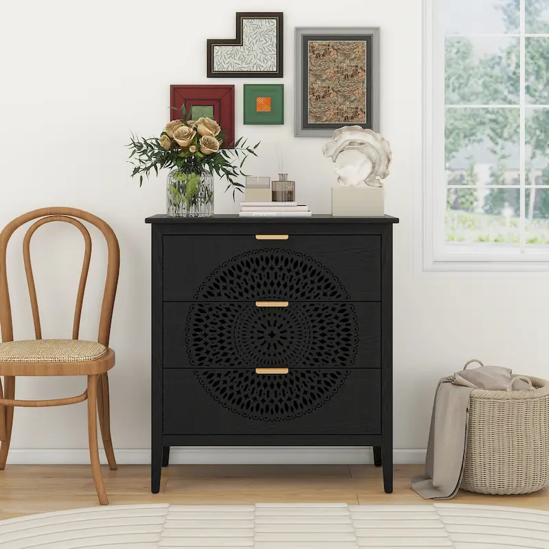 Black / Beige / Light Green 3-Drawer Chest with Hollow-Carved Mandala Panel